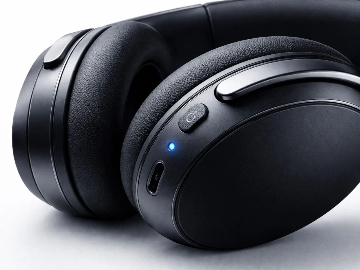 Premium wireless headphones close-up showing key controls and finish