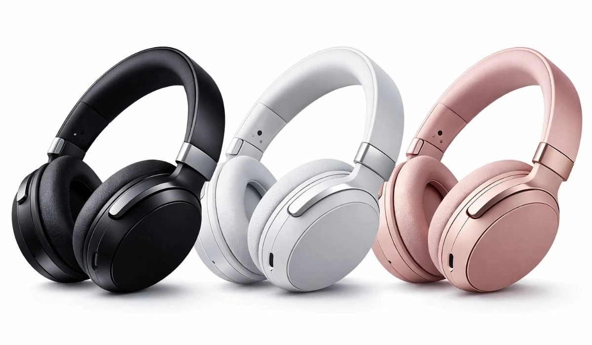Auris One headphones shown in black, white and rose gold finishes