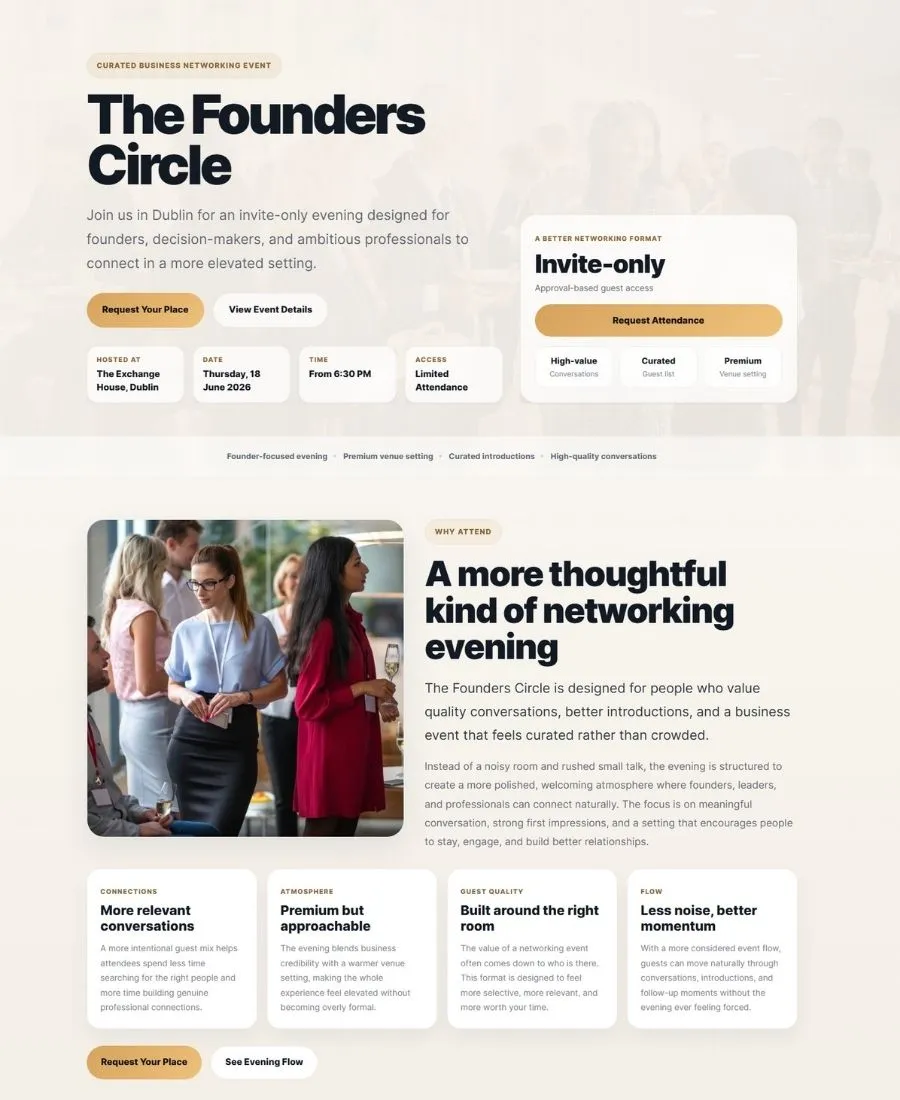 Preview of an EventLift corporate networking event landing page example