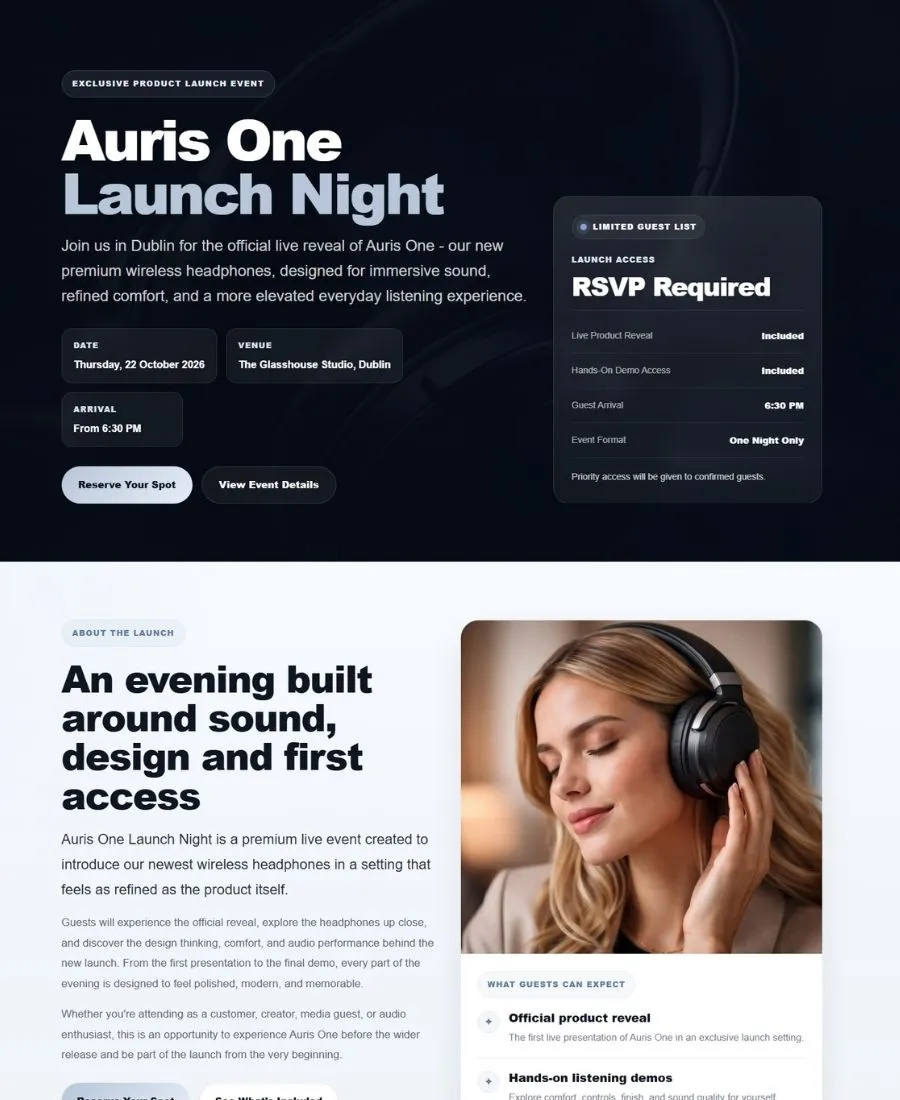 Preview of an EventLift product launch event landing page example